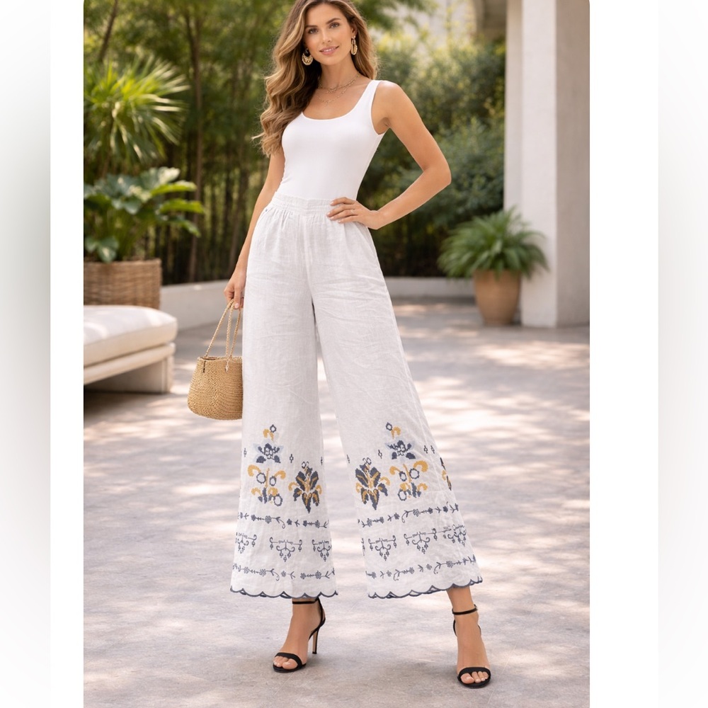 New Nicole Miller White Wide-Leg Pants with Blue and Yellow Embroidery size L - Picture 2 of 10